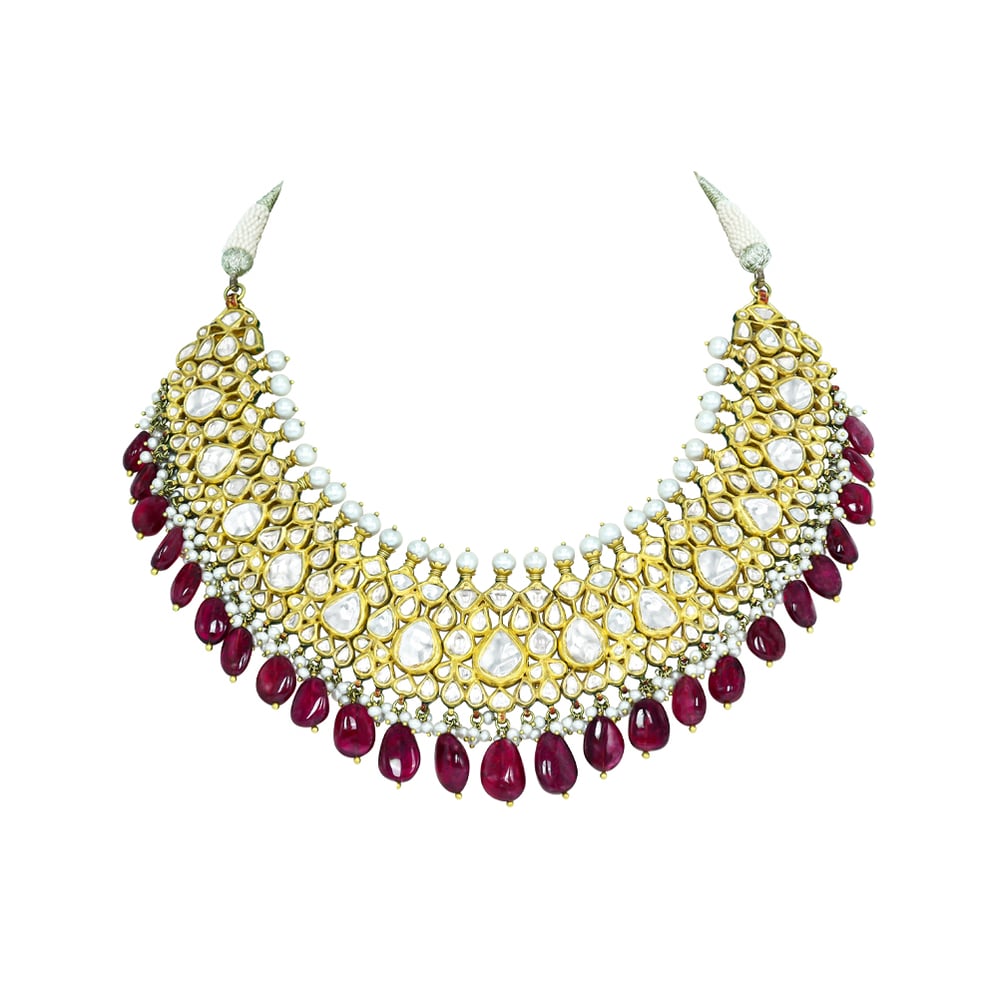 Layered Polki Necklace with Tourmaline Drops and Pearl Borders